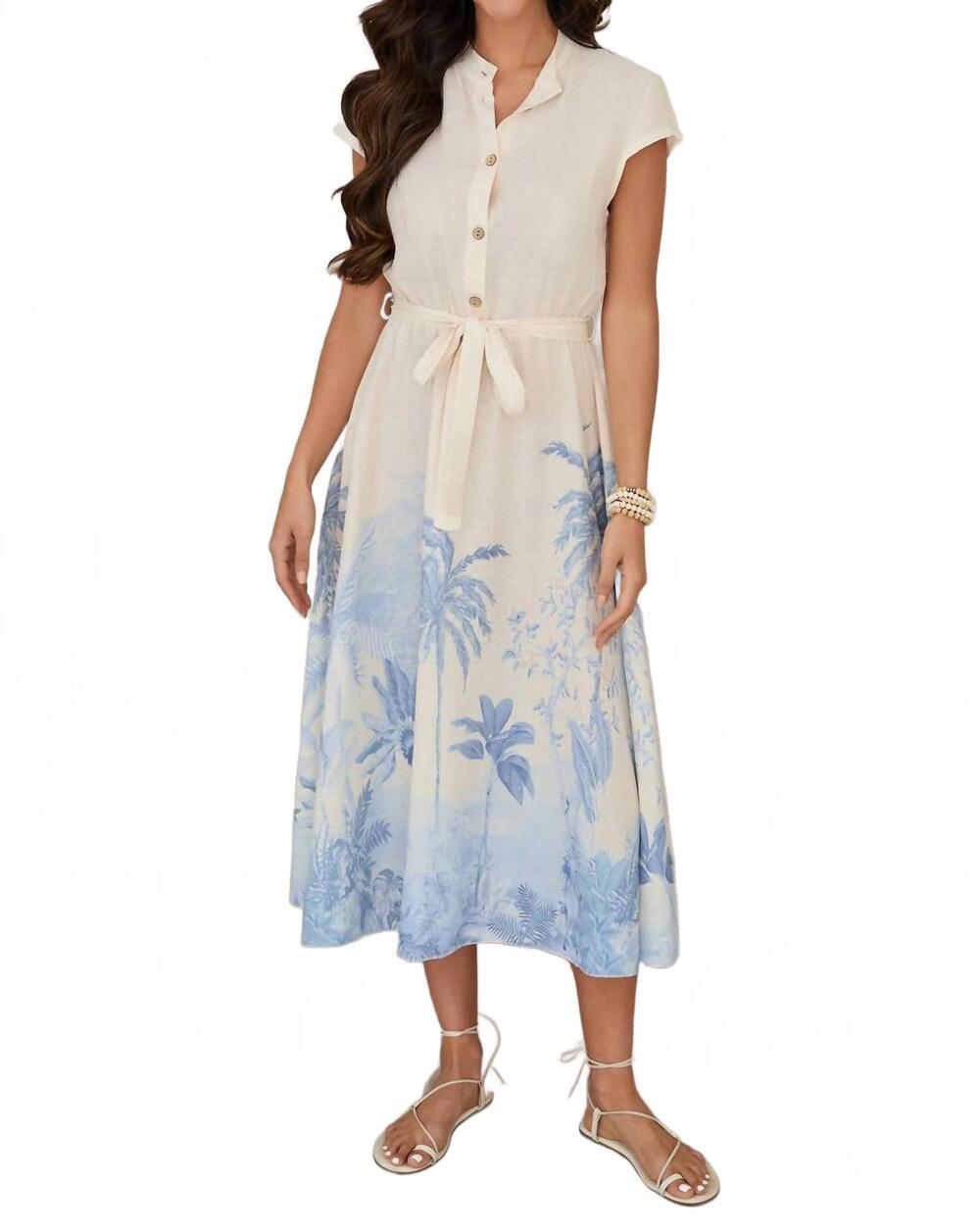 NEW MILIO MILANO tropical palm tree button-down midi dress with tie in cream / b